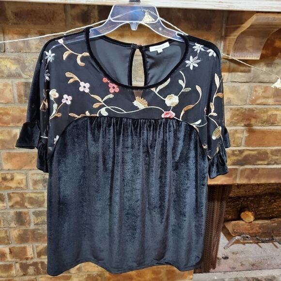 Pleione velvet and mesh embroidered blouse - Picture 3 of 8